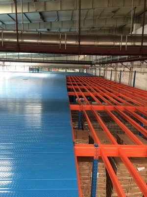 Plate-forme en acier à plusieurs niveaux de charge lourde/moyenne, planchers mézanins industriels en bleu et orange